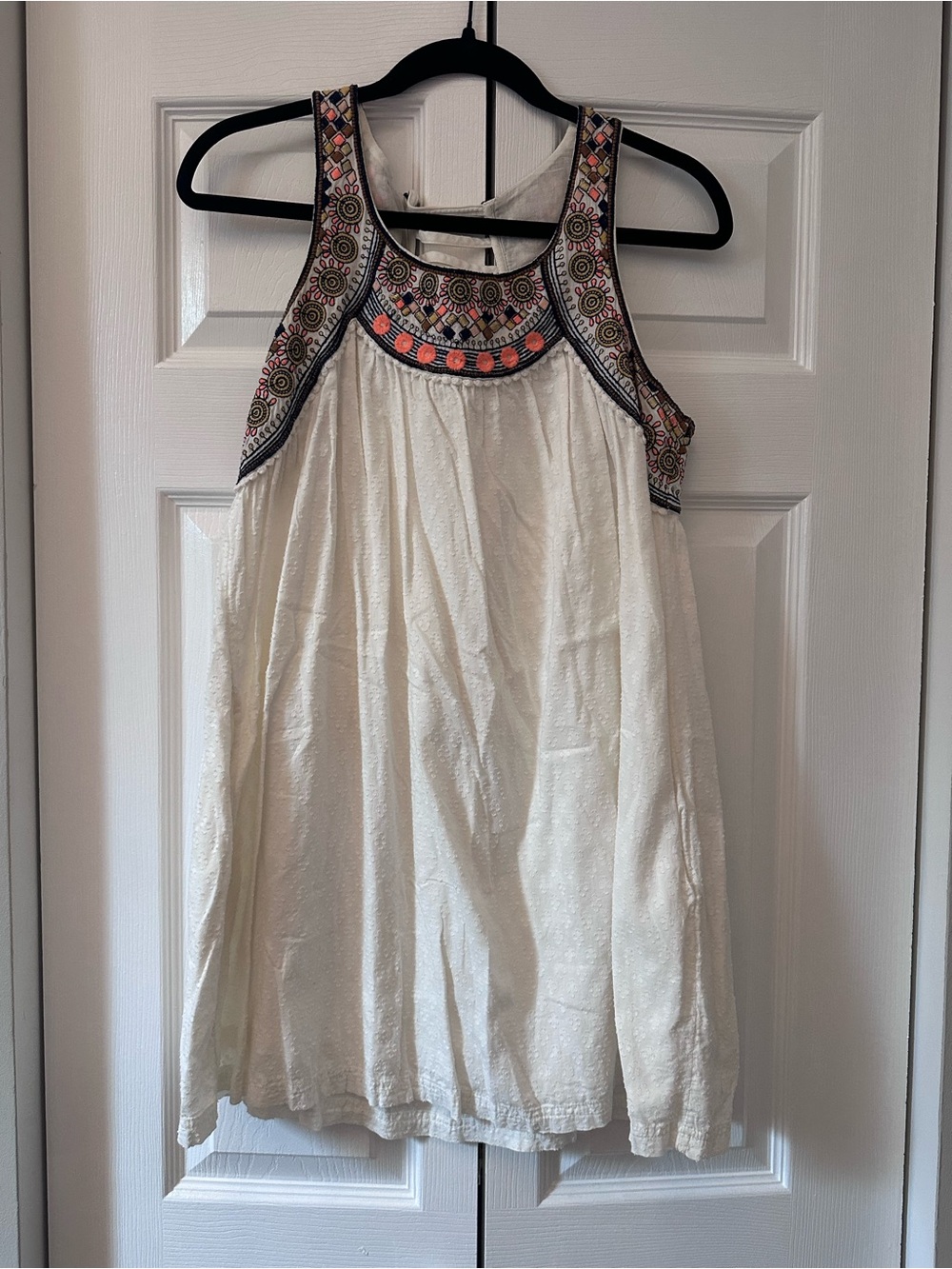 Anthropologie Cream Mini Dress with Multicolor Embroidered Yoke